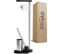 ovimar Set da toilette in piedi 3 in 1 Lagemade in argento | Set da toilette con spazzola in silicone, portarotolo e porta smartphone | Molto salvaspazio | Organizzatore da bagno in acciaio inox