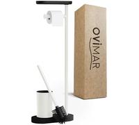 ovimar Set WC da terra 3 in 1 Vradal in bianco | Set scopino WC con testina in silicone, portarotolo e porta smartphone Molto salvaspazio | Elegante organizer da bagno in acciaio inox