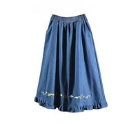 OVJENTSK Gonna in Denim Svasata con Vita Alta Elastica da Donna con Tasche, Gonna in Jeans Leggera, Traspirante, con Volant, Ampia E Ricamata A Fiori, per L'Uso Quotidiano, Blu, Taglia Unica