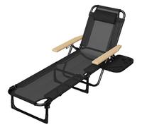OVLRIJP Sedia a sdraio pieghevole con cuscino, resistente alle intemperie, pieghevole, da campeggio, con braccioli in legno, per balcone, giardino, piscina e spiaggia, fino a 150 kg (nero)