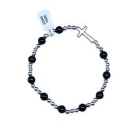 OVUNQUE PROTEGGIMI Bracciale Decina del Rosario Elasticizzato in Onice Nera da 6 mm, Croce e Componenti in Metallo Color Argento con Pietra Naturale, Made in Italy, Braccialetto Religioso Uomo Donna