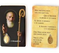 OVUNQUE PROTEGGIMI Immagini Santino, 1 Immaginetta dei Santi con Preghiera Multilingua. con Medaglia Madonna Miracolosa. Holy Card. Plastificate. (San Benedetto)