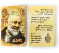 OVUNQUE PROTEGGIMI Immagini Santino, Set di 5 Immaginette dei Santi con Preghiera Multilingua. con Medaglia Madonna Miracolosa. Holy Card. Plastificate. (Padre pio)