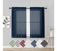 OVZME Sheer Curtains 45 inches Long for Kitchen Curtains, Rod Pocket Clean Selvedge Voile Window Treatments, 2 Panels=84 Inches Width, Navy Blue.