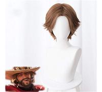 OW Parrucca Cosplay Jesse Mccree Jesse Marrone Capelli sintetici corti Halloween Carnevale Costume Cosplay Parrucche anime + Cappellino parrucca