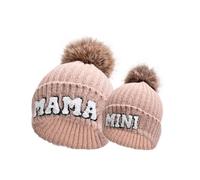 Owegvia 2 cappelli per genitori e figli, con mini ricamo, invernali, caldi, con risvolto e pompon, 2 pezzi rosa., Taglia unica