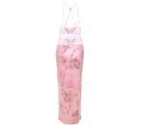 Owegvia Abito da sera lungo da donna, estivo, senza maniche, schiena scoperta, scollo a V, decorato con farfalla, abito da cocktail party, rosa, XS