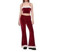 Owegvia Costume natalizio da donna, costume da Babbo Natale, cosplay, con bordo in peluche, patchwork, senza spalline, con elastico in vita, pantaloni lunghi per feste (rosso, XL)