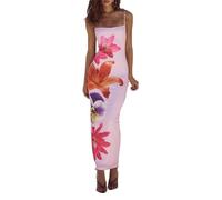 Owegvia Maxi abito da donna floreale con spacco posteriore, spalline sottili, schiena scoperta, vestibilità aderente, per cocktail party, spiaggia, street wear, rosa, S