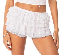 Owegvia Pantaloncini da donna a strati con volant casual elastico in vita fiocco anteriore tinta unita pantaloncini in pizzo per uscire coquette, bianco, M