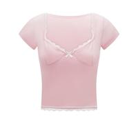 Owegvia Top corto da donna in pizzo a maniche corte con scollo a cuore mini fiocco anteriore per uscire Y2K crop top alla moda Y2k panno, rosa, S