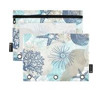 OWFKAY Astuccio per raccoglitori a 3 anelli, confezione da 2 - 3 fori con cerniera a 3 fori, con finestra trasparente, a tema stella marina, conchiglia, corallo spiaggia, Stella marina conchiglia