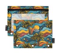 OWFKAY Astuccio per raccoglitori a 3 anelli, confezione da 2, 3 fori, con cerniera, con finestra trasparente, motivo barca a vela, palma, sole, stella, Motivo a stella con palma e barca a vela, one