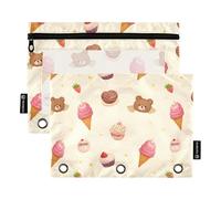 OWFKAY Astuccio per raccoglitori a 3 anelli, confezione da 2, 3 fori, con cerniera, con finestra trasparente, motivo "Little Bear Ice Cream, Motivo gelato Little Bear, one sizex2, Beauty case
