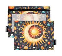 OWFKAY Astuccio per raccoglitori a 3 anelli, confezione da 2 - 3 fori con cerniera, con finestra trasparente, luna crescente, sole, pianeta, Luna Mezzaluna Sole Pianeta, one sizex2, Beauty case
