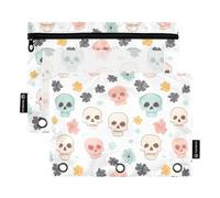 OWFKAY Astuccio per raccoglitori a 3 anelli, confezione da 2, 3 fori con cerniera, con finestra trasparente, motivo con teschio e fiori, Motivo floreale con teschio, one sizex2, Beauty case