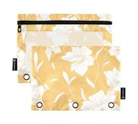 OWFKAY Astuccio per raccoglitori a 3 anelli, confezione da 2 - 3 fori con cerniera e finestra trasparente, fiori bianchi estivi primaverili su sfondo giallo, Fiori di primavera estate giglio bianco su