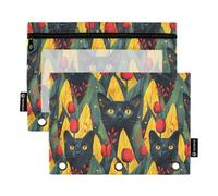 OWFKAY Astuccio per raccoglitori a 3 anelli, confezione da 2 - 3 fori per raccoglitori con cerniera con finestra trasparente, motivo gattino nero con tulipano rosso, Motivo Gattino Nero Tulipano Rosso