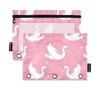 OWFKAY Astuccio per raccoglitori a 3 anelli, confezione da 2 - 3 fori per raccoglitori con cerniera con finestra trasparente, sfondo rosa, motivo cigni e cuori bianchi, Motivo Cigni e Cuori Bianche