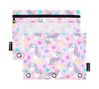 OWFKAY Astuccio per raccoglitori a 3 anelli, confezione da 2 - 3 fori per raccoglitori con cerniera con finestra trasparente, unicorno rosa, cuore giallo, Cuore giallo unicorno rosa, one sizex2