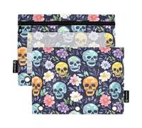 OWFKAY Astuccio per raccoglitori a 3 anelli, confezione da 2 - 3 fori per raccoglitori con cerniera con finestra trasparente, motivo teschio blu arancione giallo, Blu Arancione Giallo Teschio Fiori