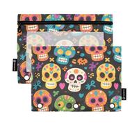 OWFKAY Astuccio per raccoglitori a 3 anelli, confezione da 2 - 3 fori per raccoglitori con cerniera con finestra trasparente, motivo teschio nero, Modello Sfondo Nero Cranio, one sizex2, Beauty case