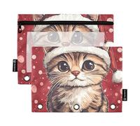 OWFKAY Astuccio per raccoglitori a 3 anelli, confezione da 2 - 3 fori per raccoglitori con cerniera e finestra trasparente, motivo gatto in stile cartone animato Babbo Natale, Cartone animato gatto