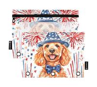 OWFKAY Astuccio per raccoglitori a 3 anelli, confezione da 2 sacchetti con cerniera a 3 fori, con finestra trasparente, motivo: cane che indossa il cappello, Cane Fuochi d'artificio che, one sizex2