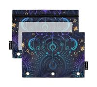 OWFKAY Astuccio per raccoglitori a 3 anelli, confezione da 2 sacchetti con cerniera a 3 fori, con finestra trasparente, luna, stella, strega, blu e viola, Luna Stella Strega Blu & Viola, one sizex2