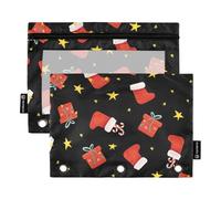 OWFKAY Astuccio per raccoglitori a 3 anelli, confezione da 2 sacchetti con cerniera a 3 fori, con finestra trasparente, scatole regalo con stelle e calzini rossi di Natale, Scatole Regalo Stelle e