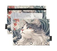 OWFKAY Astuccio per raccoglitori a 3 anelli, confezione da 2 sacchetti con cerniera a 3 fori con finestra trasparente, motivo gatto stravagante stile giapponese 2, Gatto stravagante stile giapponese 2