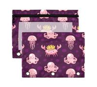 OWFKAY Astuccio portamatite per raccoglitori a 3 anelli, con corona, granchio, medusa, pesce inchiostro, con finestra trasparente e cerniera, confezione da 2, Corona Granchio Medusa Inkfish, 18*25cm,