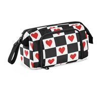 OWFKAY Astuccio portapenne di grande capacità, per scuola, università, ufficio, per adolescenti, ragazze, adulti, studenti, cuori rossi su motivo a scacchi, Cuori rossi su motivo a scacchi, Taglia