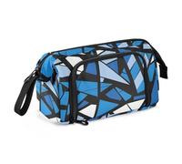OWFKAY Astuccio portapenne di grande capacità, per scuola, università, ufficio, per adolescenti, ragazze, adulti, studenti, motivo geometrico blu bianco, Motivo geometrico a frammenti blu e bianchi