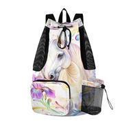 OWFKAY Borsa da nuoto con coulisse in rete, borsa sportiva da palestra, zaino da spiaggia, surf, cavallo bianco
