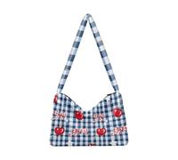 OWFKAY Borsa in peluche sotto le ascelle, con motivo a quadri blu, con ciliegie rosse, borsa a tracolla da donna, soffice borsa tote per autunno e inverno