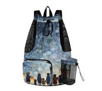 OWFKAY Borsa per attrezzatura da nuoto in rete con coulisse, borsa sportiva da palestra, zaino da spiaggia, surf, una serie di fiocchi di neve a forma di stella che cadono dal cielo (ciascuno con una