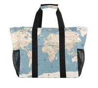 OWFKAY Borsone da viaggio, borsa sportiva da palestra, borsa da spiaggia impermeabile, borsa a tracolla da donna, pieghevole, riutilizzabile, mappa del mondo vintage blu e beige, Mappa del mondo