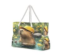 OWFKAY Grande borsa da spiaggia in tela tote borsa a tracolla cappello giallo Capybara borse resistenti all'acqua per palestra viaggi quotidiano