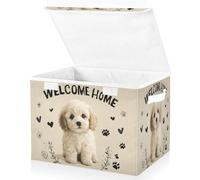 OWFKAY Grandi contenitori pieghevoli in tessuto con coperchio, 41,9 x 32 x 30 cm al centro è e meticoloso cane che dice benvenuto a casa in grassetto nero font pieghevole contenitori organizer Ba