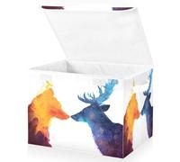 OWFKAY Grandi contenitori pieghevoli in tessuto con coperchio, 41,9 x 32 x 30 cm, un lupo con colore un cervo con un colore nebulosa che si guarda l'un l'altro su un retro bianco scatole pieghevoli
