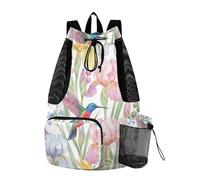 OWFKAY Iris Flower - Zaino da spiaggia con colibrì, borsa da nuoto in rete per uomini e donne, per nuoto e palestra, con tasca impermeabile per bagnato, ripiegabile, per sport