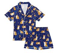 OWFKAY Pigiama in raso per bambini, motivo cane luna, blu, a maniche corte, con bottoni, Multicolore, 13 Years