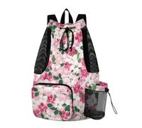 OWFKAY Pink Plumeria Flowers Beach Drawstring Mesh Swimming Bag per le donne Nuoto Palestra con tasca impermeabile bagnato ripiegabile sport
