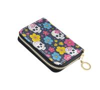 OWFKAY Porta carte di credito colorato teschi di zucchero e fiori modello piccolo PU Leather Zipper Card Case Wallet per le donne, Multicolore, Taglia unica, Casual