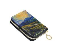 OWFKAY Porta carte di credito Village Path in Notte stellata Pittura a olio Piccolo PU Leather Zipper Card Case Portafoglio per le donne, Multicolore, Taglia unica, Casual