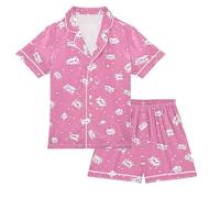 OWFKAY Set pigiama in raso per bambini, con lettere rosa, a maniche corte, con bottoni, Multicolore, 13 Years
