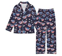 OWFKAY Set pigiama in raso per bambini, con occhiali da sole e stelle, a maniche lunghe, con bottoni, per 9 anni, multicolore