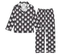 OWFKAY Set pigiama in raso setoso a maniche lunghe Lounge Pjs Set 2 pezzi Button Down Nighty 5-6Y S Strisce nere e Sveglia bianca, Sveglie bianche e strisce nere, 13-14 Years