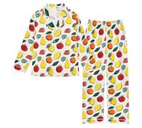 OWFKAY Set pigiama in raso setoso a maniche lunghe Lounge Pjs Set da notte 2 pezzi Button Down Nighty 5-6Y S Fragola Limone Arancione Mela, Fragola Limone Arancia Mela, 13-14 Years